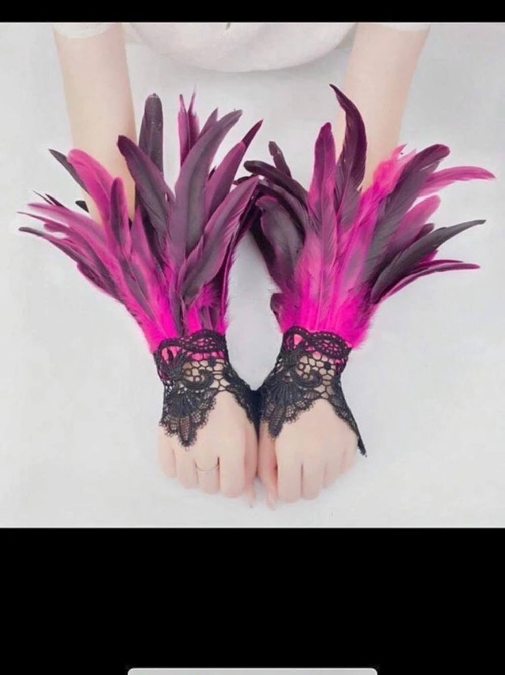 Pink & Black Feather Lace Wrist Gloves Cuffs